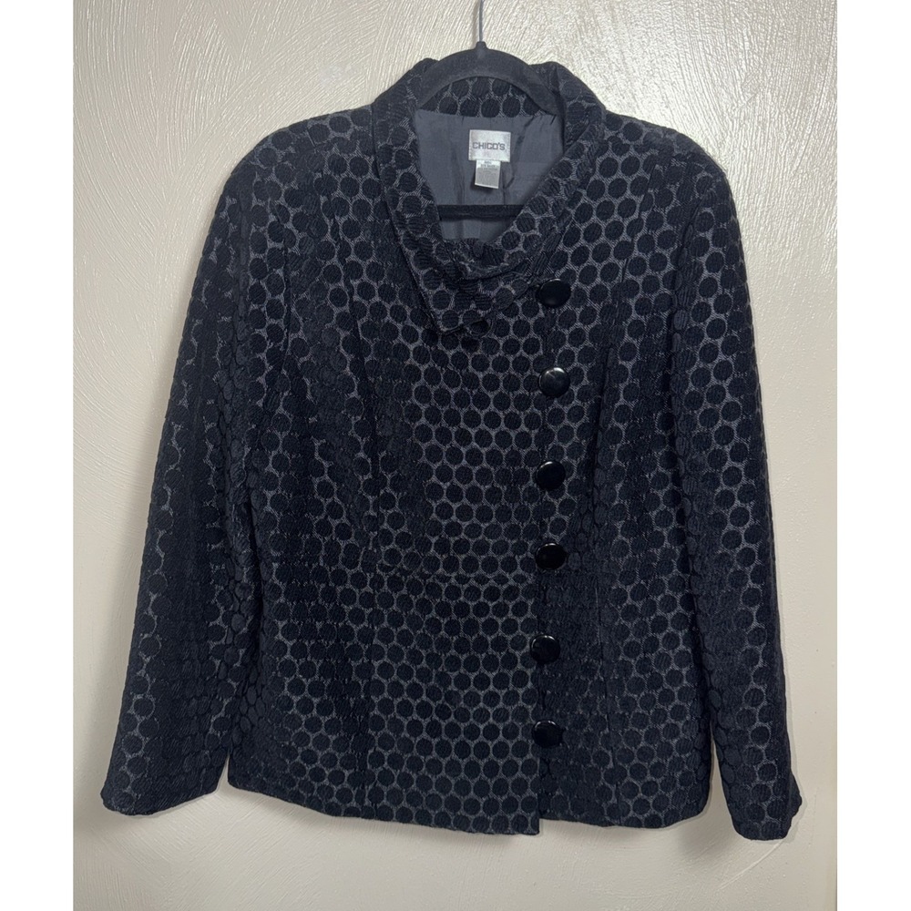 Chicos Jacket Textured Polka Dot Size 2 Black Blazer Career Office Professional